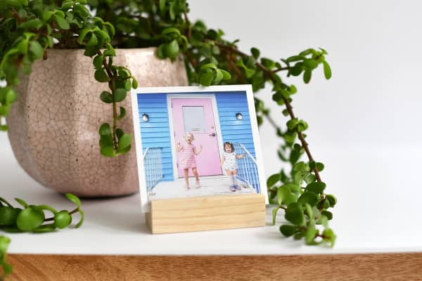 A 5.5 inch Square Print of two cute toddlers with a white border, sits in a wood block display in front of a houseplant.