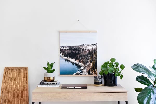 A 16x20 Fine Art Print showing a snowy lake printed with vibrant archival ink, hangs over a desk with plants on it.
