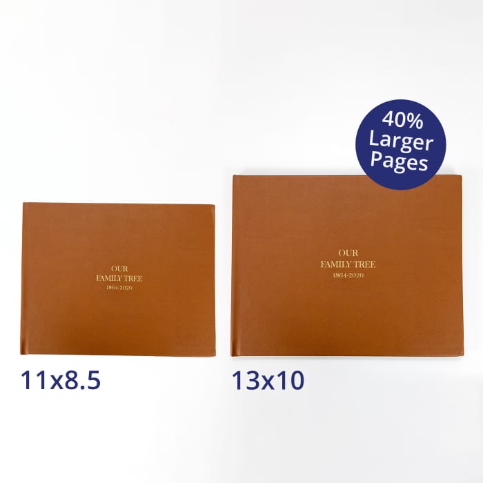 Two Family History Books show the 40 percent size difference between the 11x8.5 inch book and the larger 13x10 inch version.