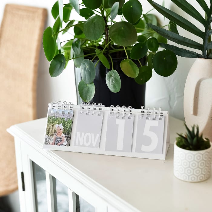 A Forever Desk Calendar showing a cute baby photo decorates a bookshelf.