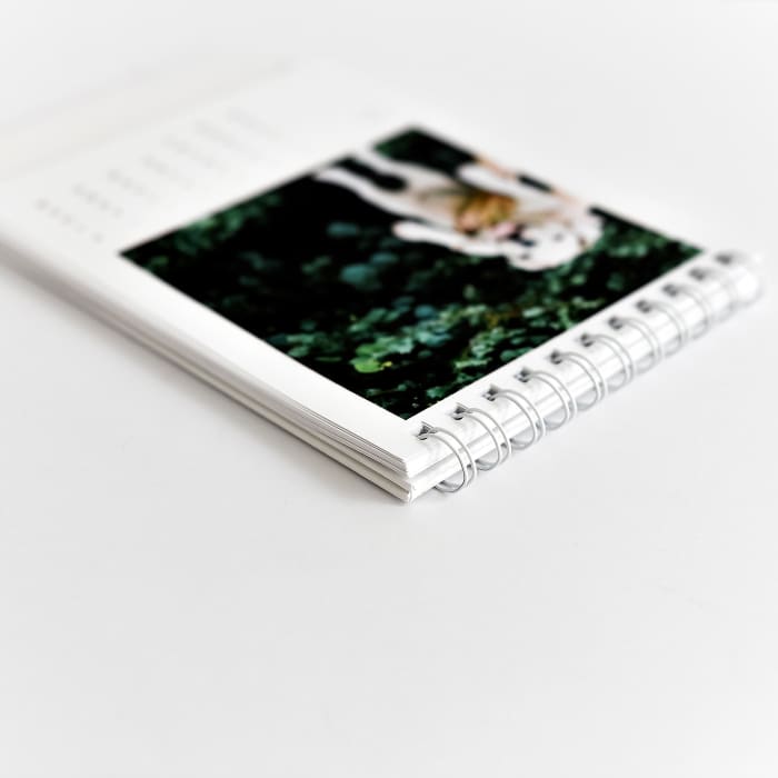 A closeup of the spiral binding on a custom photo Desk Calendar.