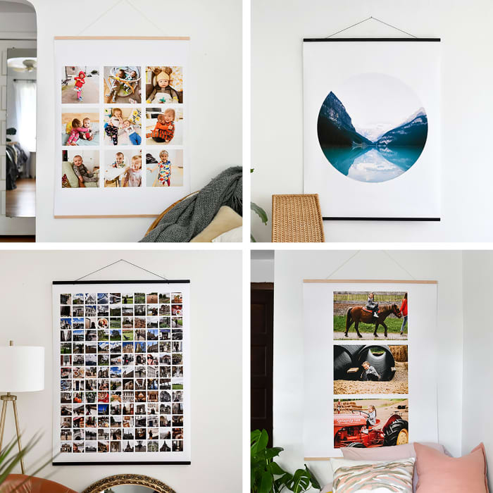 Four photos show Engineer Print template options, a 3x3 photo grid, a circle, a 130 photo grid, and 3 images stacked.