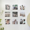 A grid of nine silver Foil Bordered Square Prints is hung on the wall using small Good Hangups magnets. 