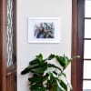 A Fine Art Print in a white frame with a white mat hangs on a living room wall.