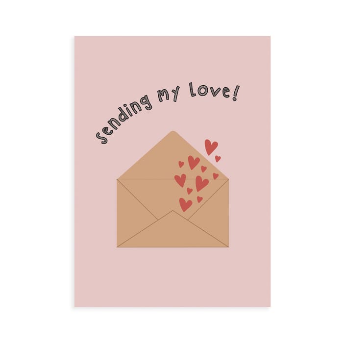 Sending My Love Gift Card Design - hearts coming out of an envelope on a pink background.