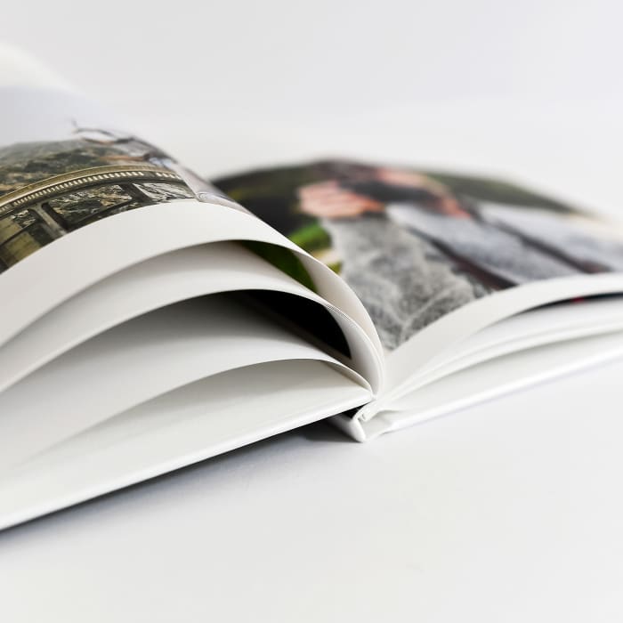 A closeup of the spine of a Hardcover Photo Book.