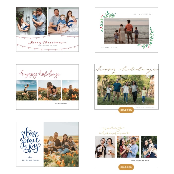 A grid of 6 Holiday Cards shows horizontal 5x7 card design options.
