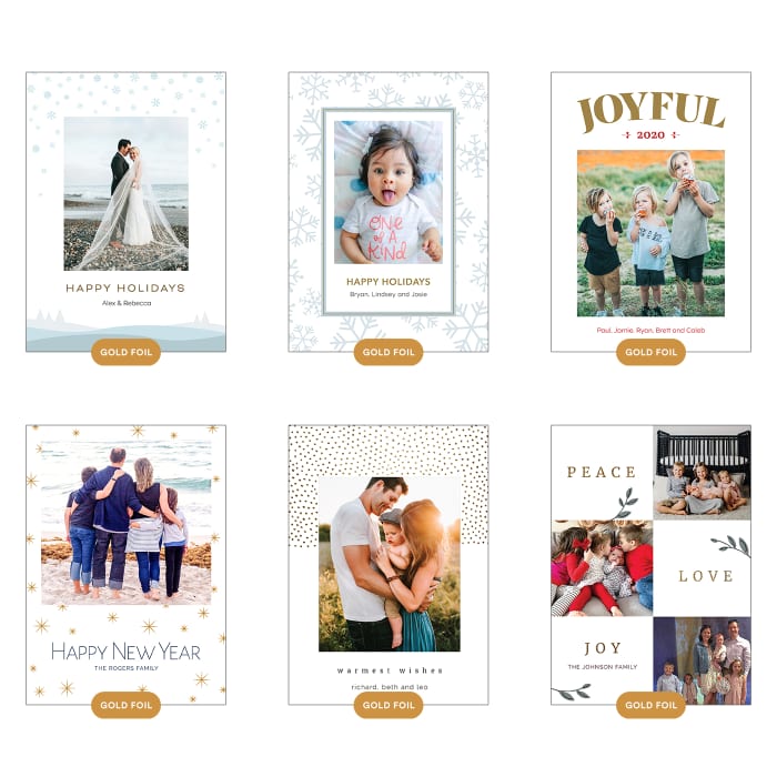 A grid of 6 Holiday Cards shows vertical gold foil card design options.