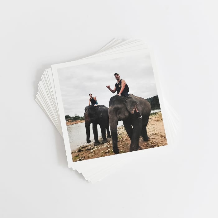 Stack of Square Prints on a white background. The top photo shows two people riding elephants next to a river.