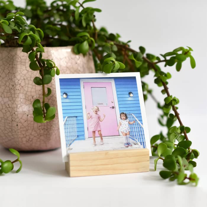A 5.5 inch Square Print showing two sisters, is displayed in a Wood Block in front of a plant.